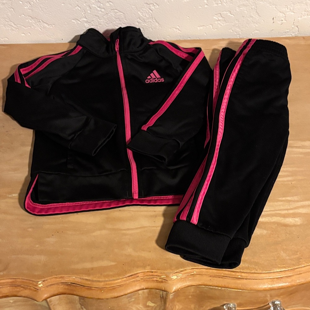 Addidas Black and Pink Zip-Up Track Jacket (2T)